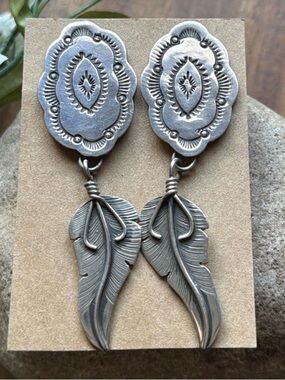 Navajo Native American Sterling Silver Stamped Leaf Earrings. J Nelson. Gift